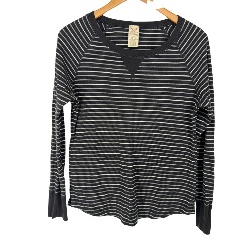 Faded Glory Womens Waffle Knit Thermal Long Sleeve Shirt Top L Striped Black